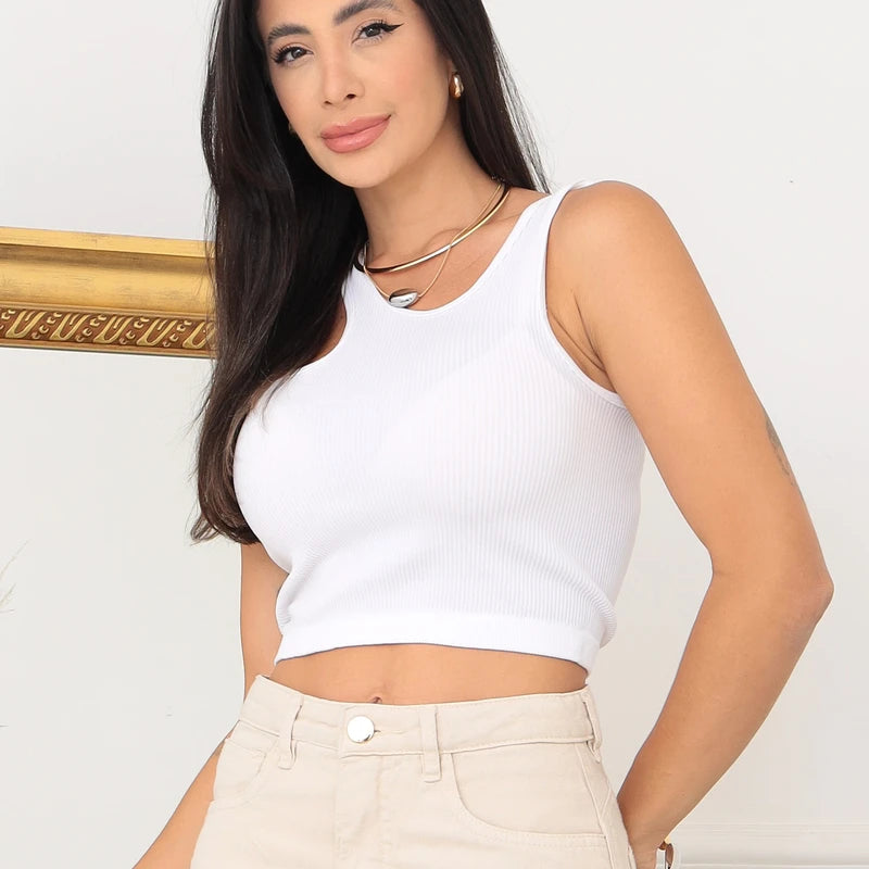 Top feminino cropped com amarração no pescoço, ombro a ombro, alças duplas, estilo regata