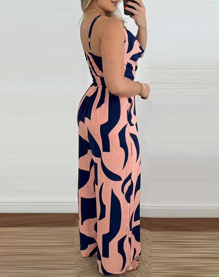 Macacão Feminino Longo Estampado Decote Drapeado Alça Fina Estilo Casual Vintage