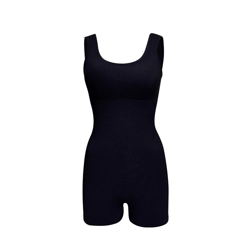 Macacão Feminino Fitness Curto para Yoga Costas Abertas Cintura Ajustada Sem Mangas