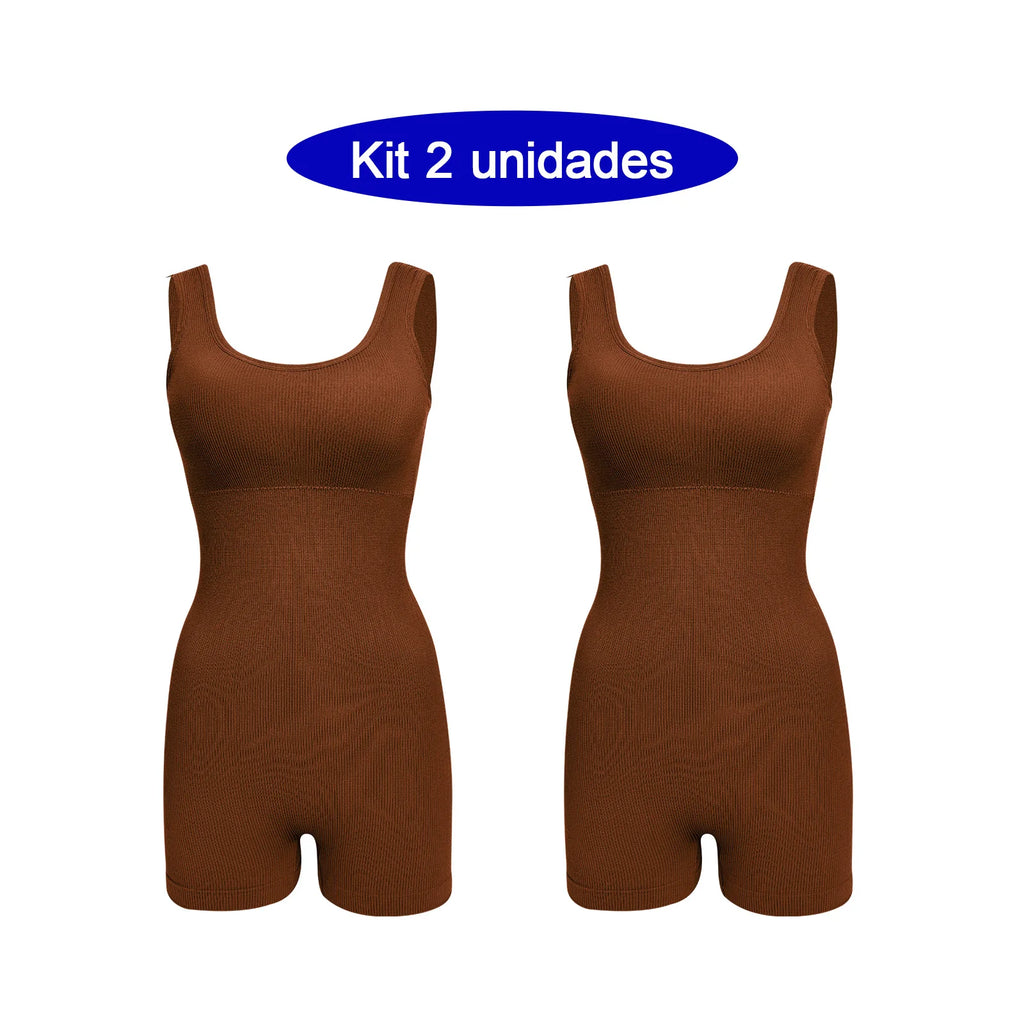 Macacão Feminino Fitness Curto para Yoga Costas Abertas Cintura Ajustada Sem Mangas