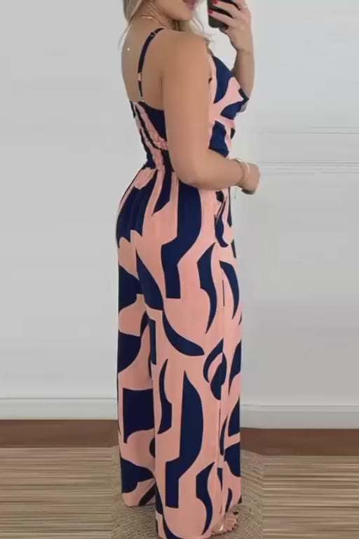 Macacão Feminino Longo Estampado Decote Drapeado Alça Fina Estilo Casual Vintage